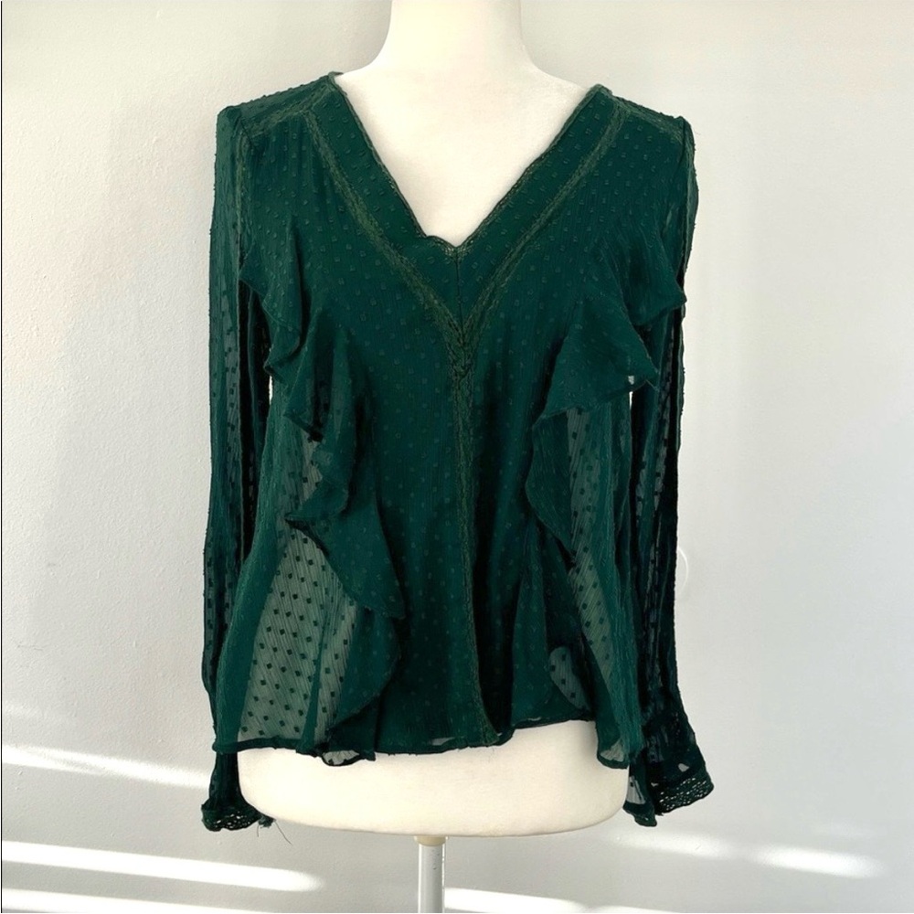 Zara Deep Green Ruffle V-Neck Blouse